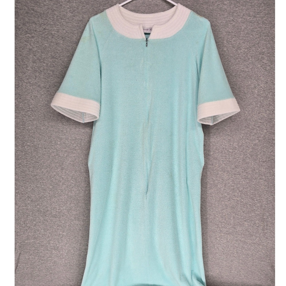 Vintage Vanity Fair Petites Terry Cloth Kaftan Robe Aqua Blue White Trim Medium